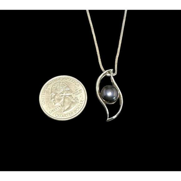 925 Sterling Silver Modernist Midnight Purple Pearl Pendant Chain Necklace - Picture 4 of 5